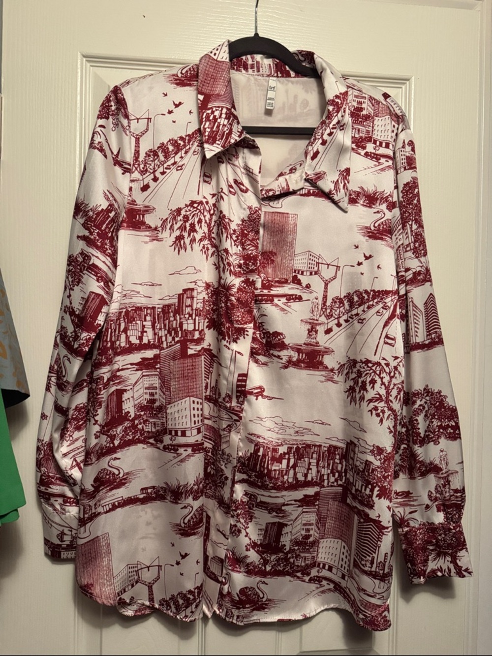 Zara Red and White Cityscape Button-Down Shirt